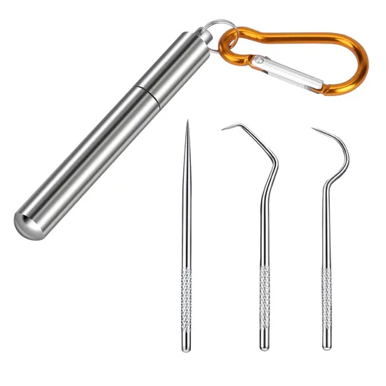 Apply Outdoor Travel Camping Toothpick Custom Metal Stainless Steel Fruit Toothpick Medical Material Cleaning Tooth Hook with Keychain 